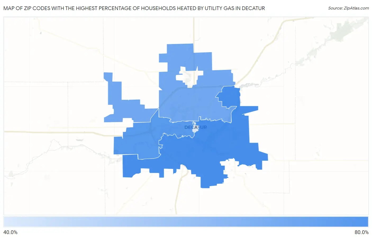 Zip Codes with the Highest Percentage of Households Heated by Utility Gas in Decatur Map