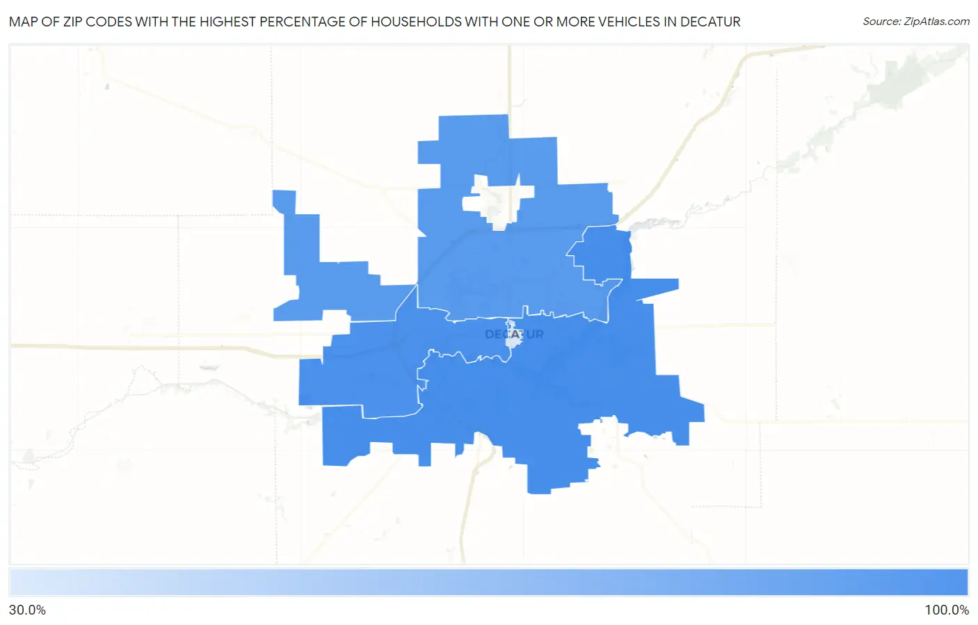 Zip Codes with the Highest Percentage of Households With One or more Vehicles in Decatur Map