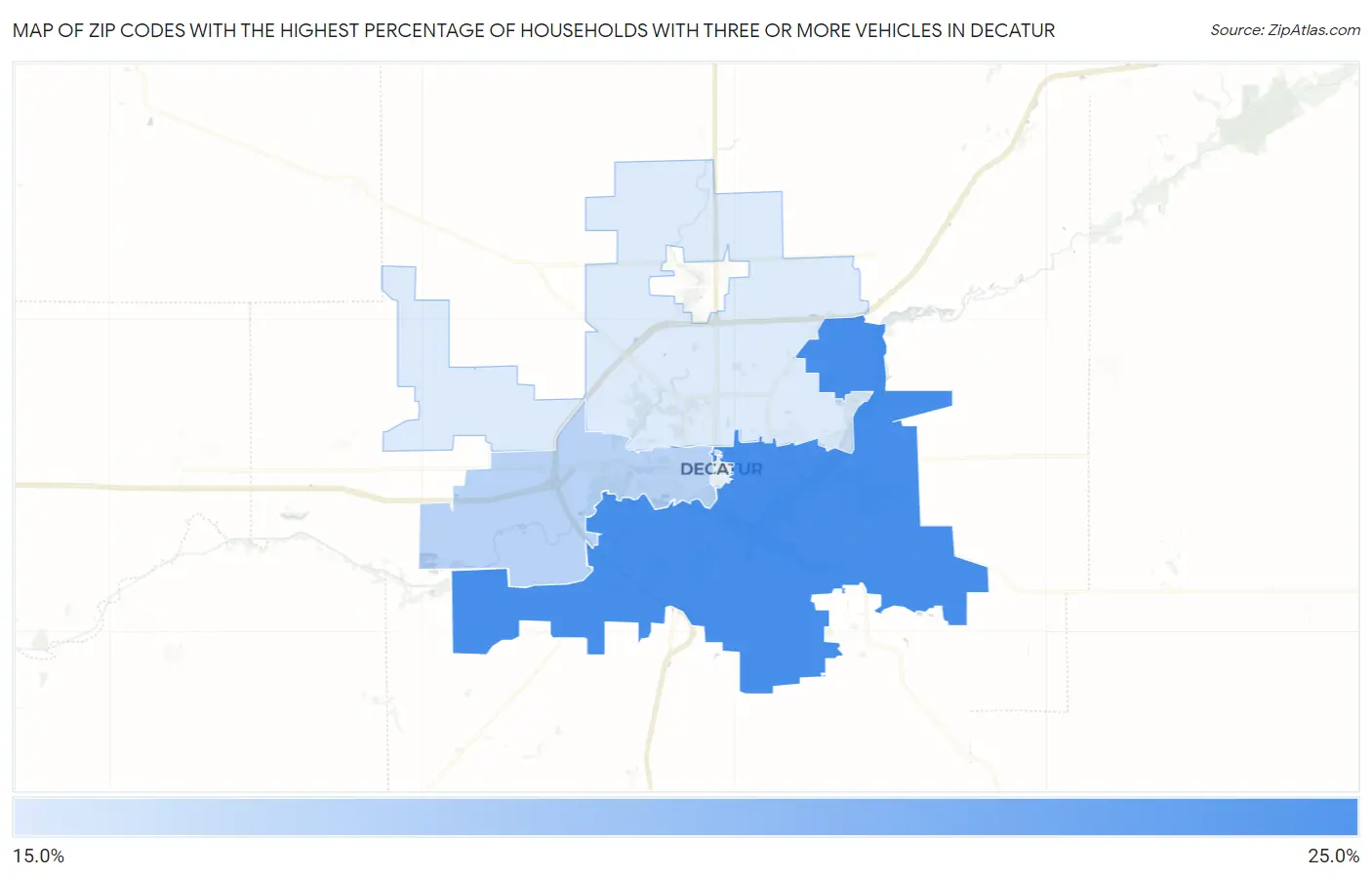 Zip Codes with the Highest Percentage of Households With Three or more Vehicles in Decatur Map