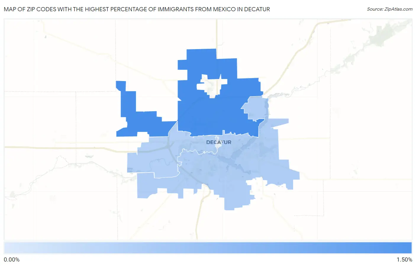Zip Codes with the Highest Percentage of Immigrants from Mexico in Decatur Map