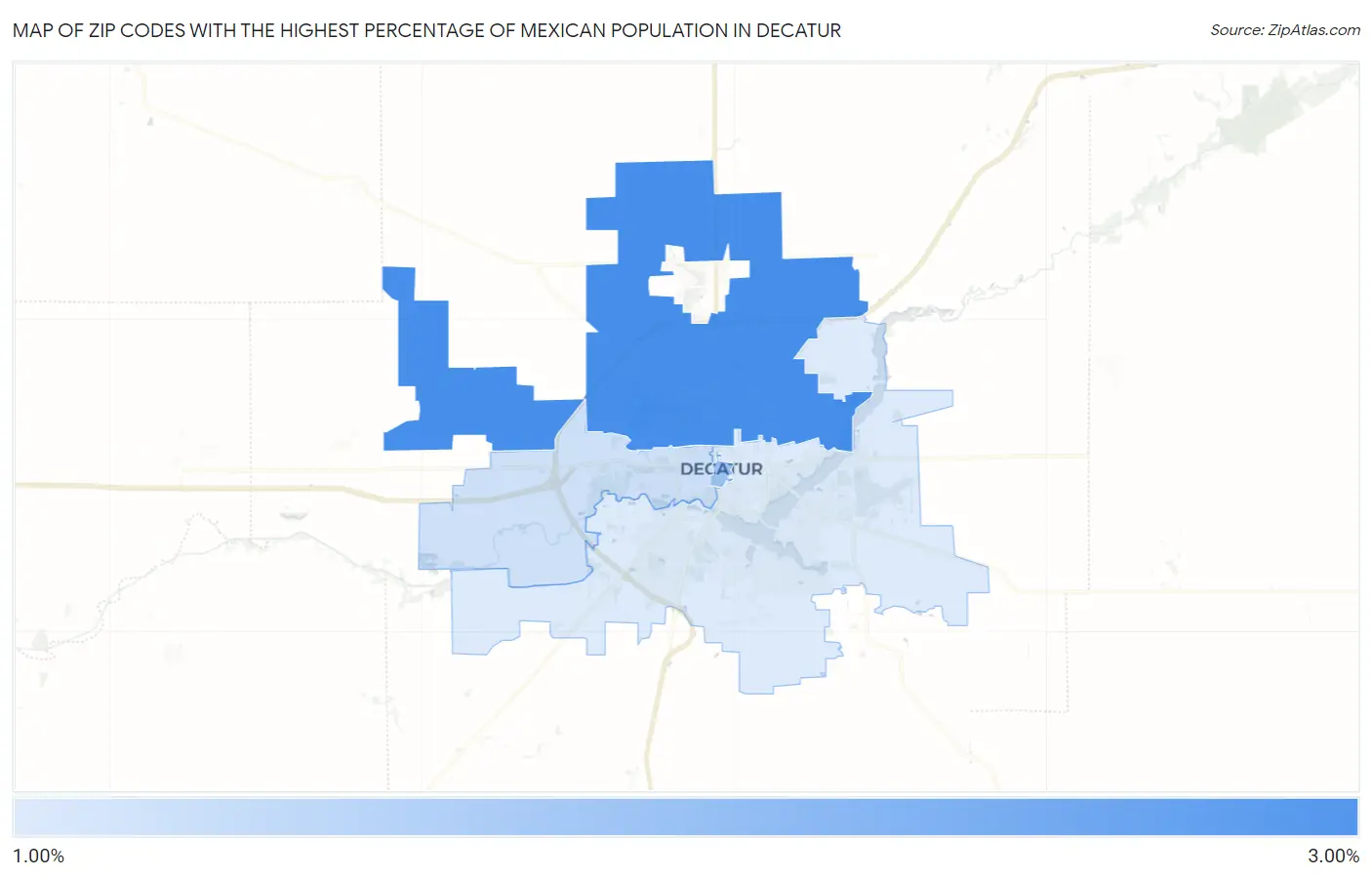 Zip Codes with the Highest Percentage of Mexican Population in Decatur Map