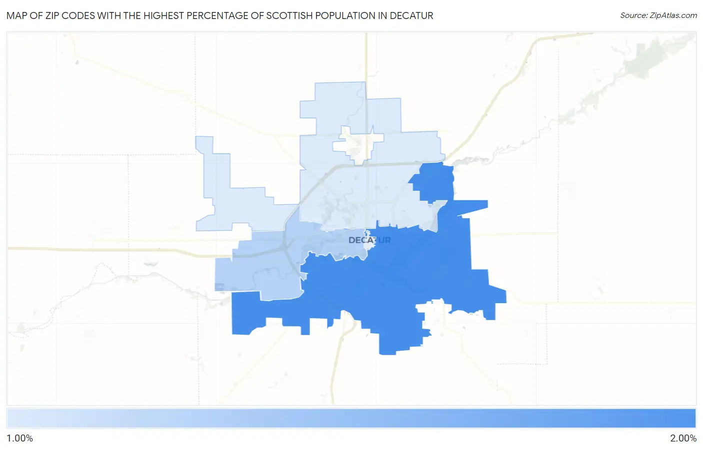 Zip Codes with the Highest Percentage of Scottish Population in Decatur Map