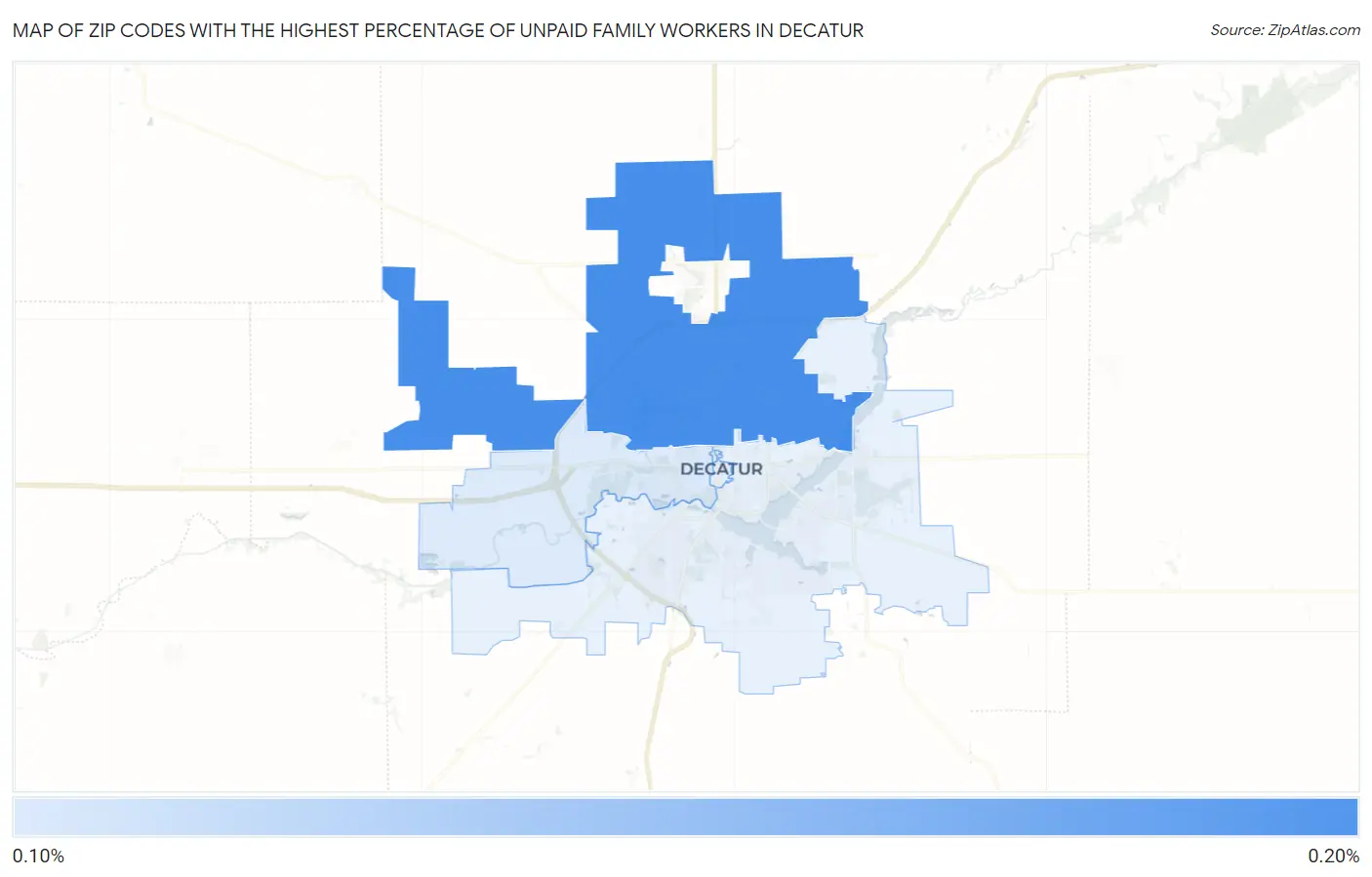 Zip Codes with the Highest Percentage of Unpaid Family Workers in Decatur Map