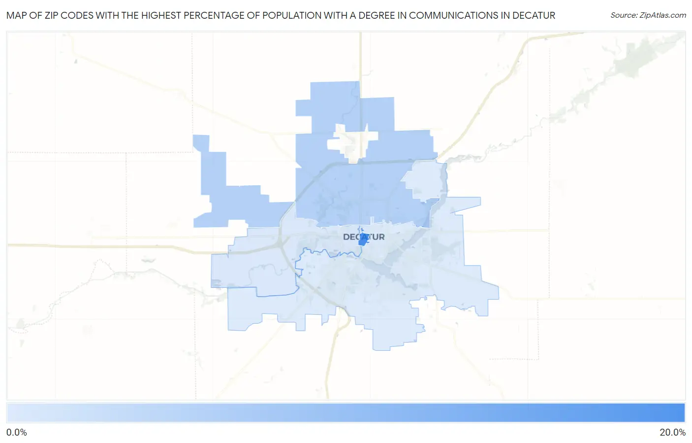 Zip Codes with the Highest Percentage of Population with a Degree in Communications in Decatur Map