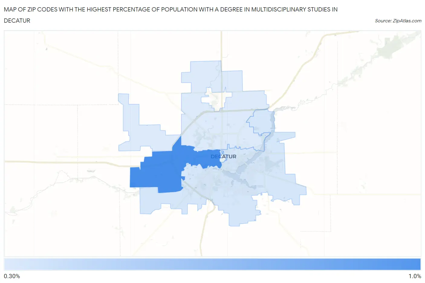Zip Codes with the Highest Percentage of Population with a Degree in Multidisciplinary Studies in Decatur Map