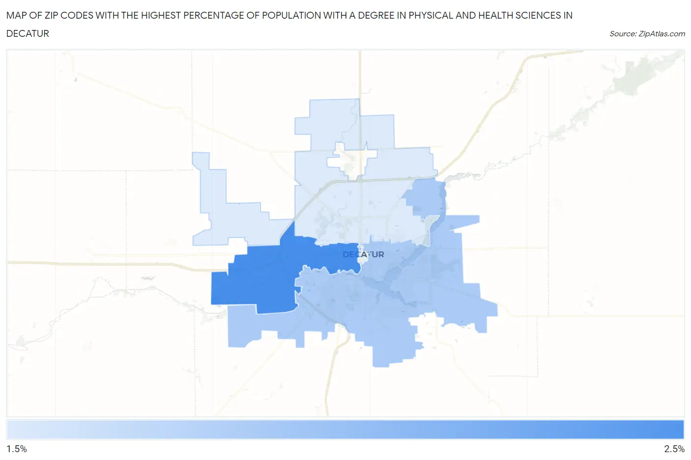 Zip Codes with the Highest Percentage of Population with a Degree in Physical and Health Sciences in Decatur Map
