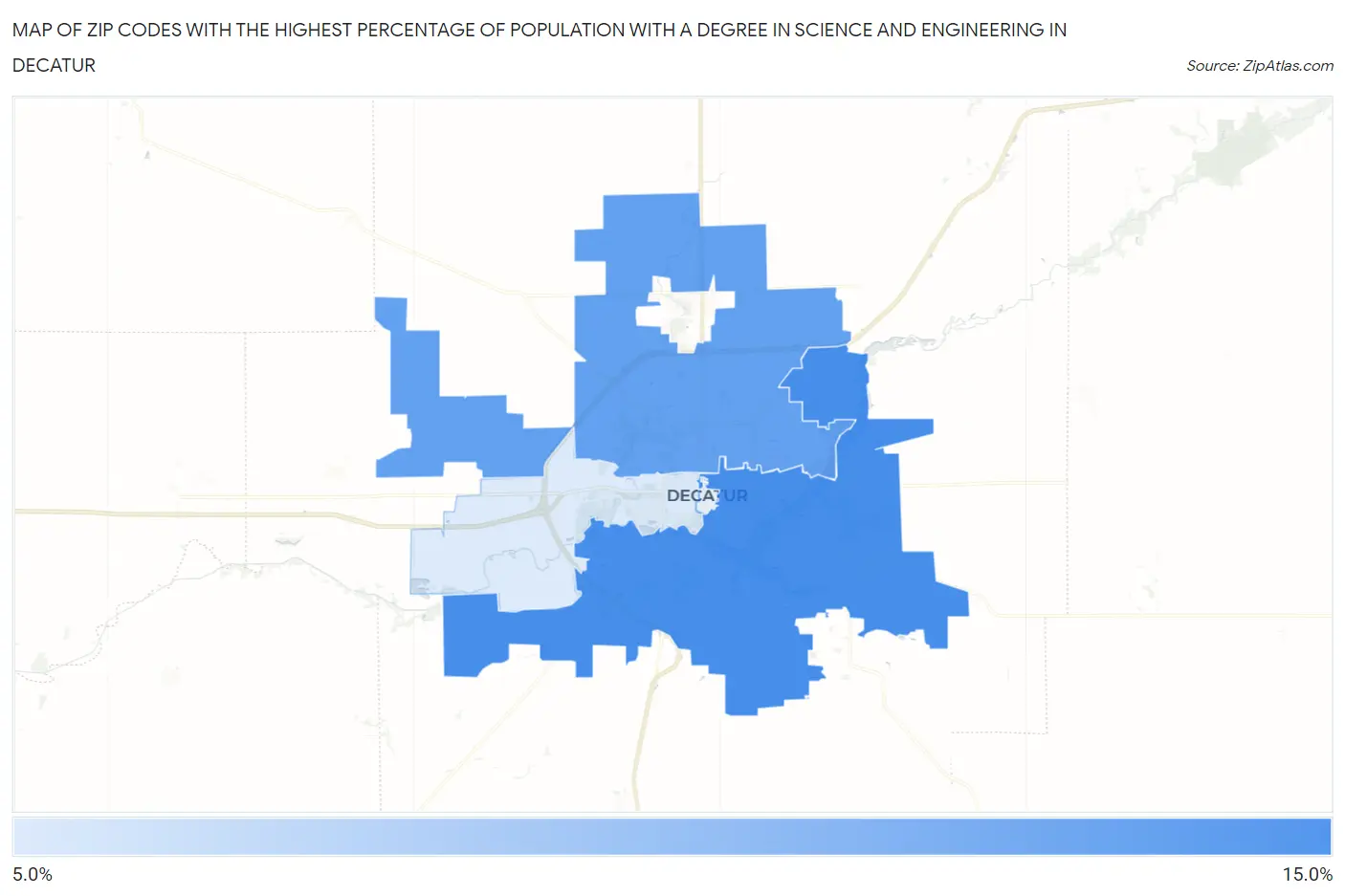 Zip Codes with the Highest Percentage of Population with a Degree in Science and Engineering in Decatur Map