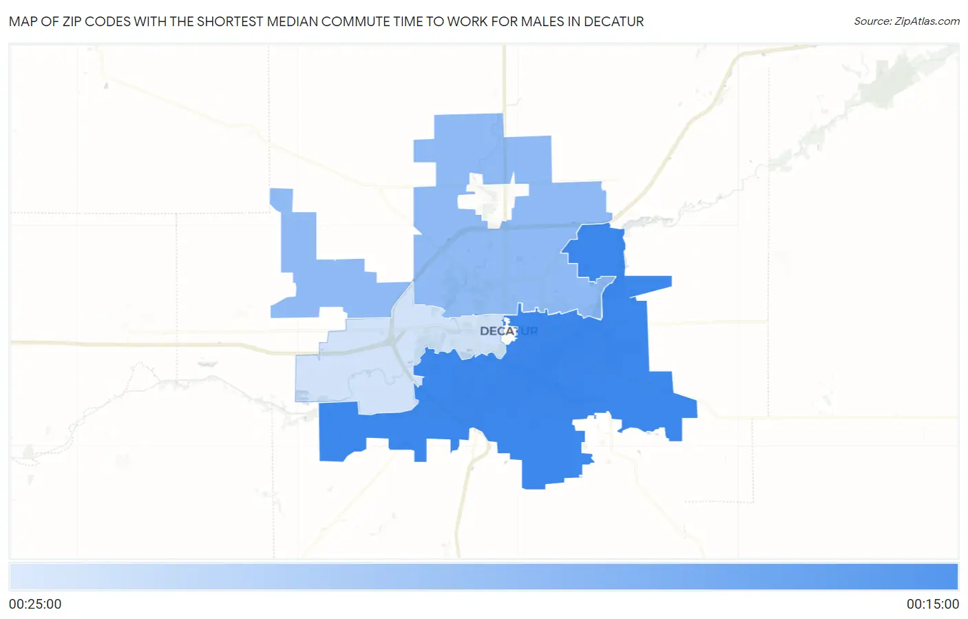 Zip Codes with the Shortest Median Commute Time to Work for Males in Decatur Map