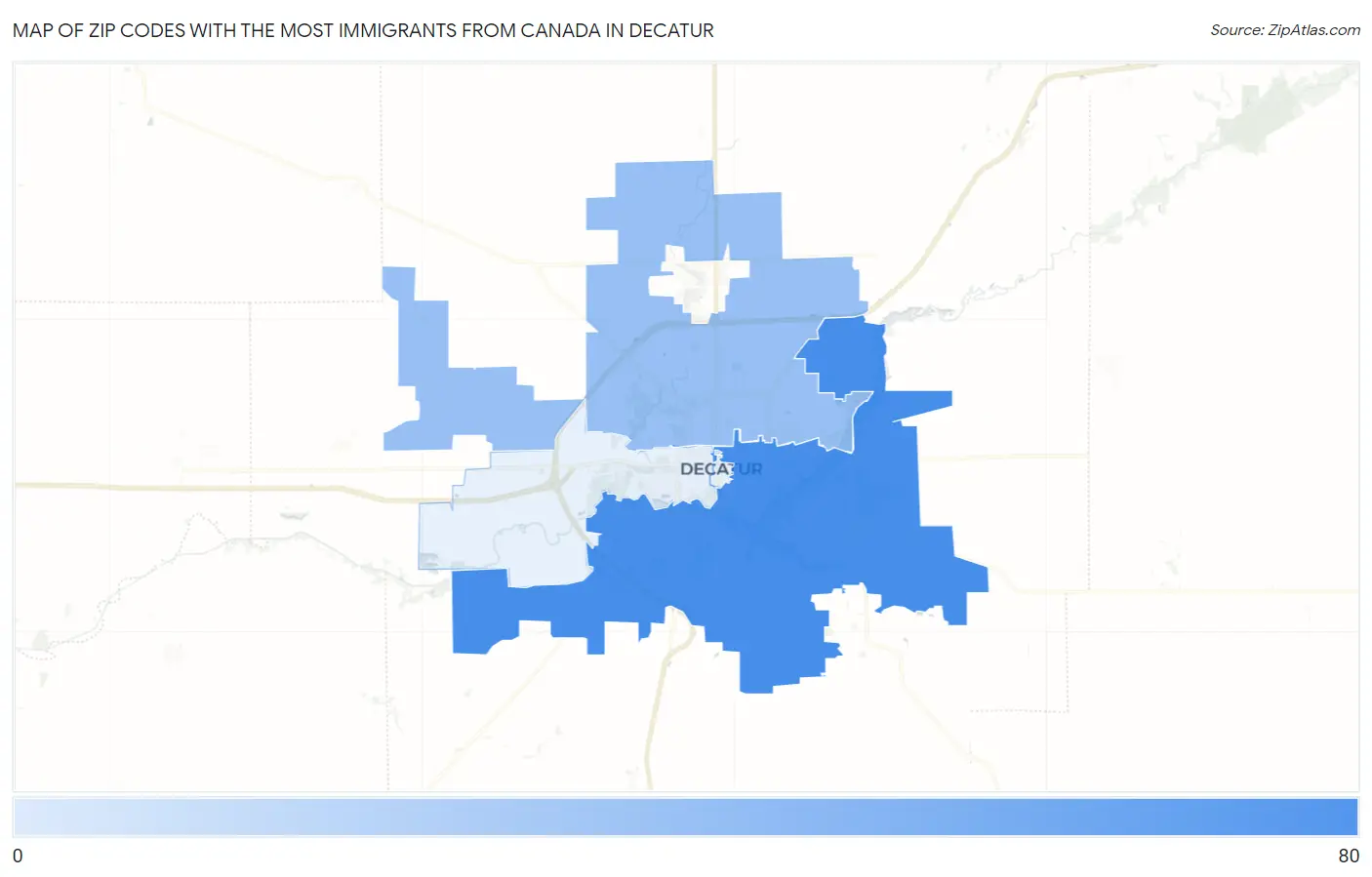 Zip Codes with the Most Immigrants from Canada in Decatur Map