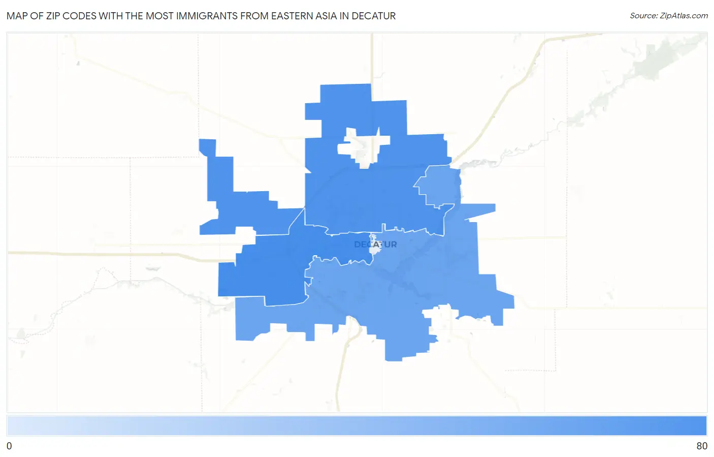 Zip Codes with the Most Immigrants from Eastern Asia in Decatur Map