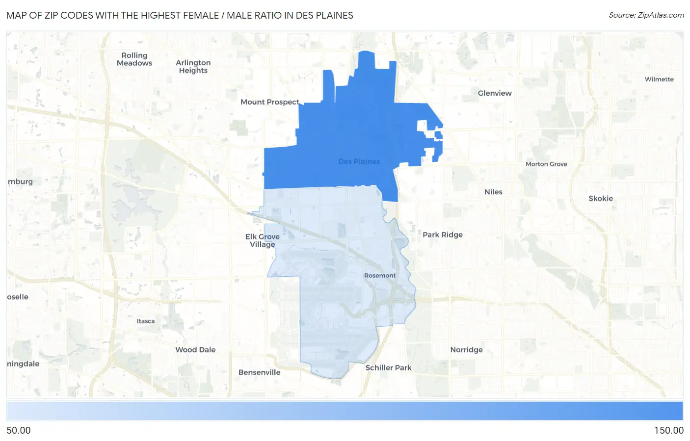 Zip Codes with the Highest Female / Male Ratio in Des Plaines Map