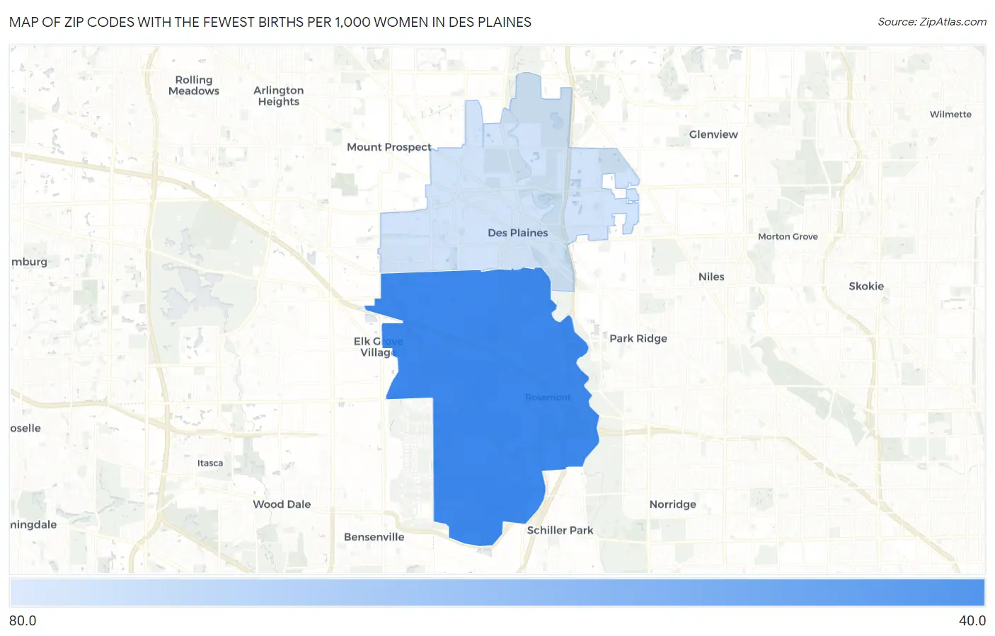 Zip Codes with the Fewest Births per 1,000 Women in Des Plaines Map