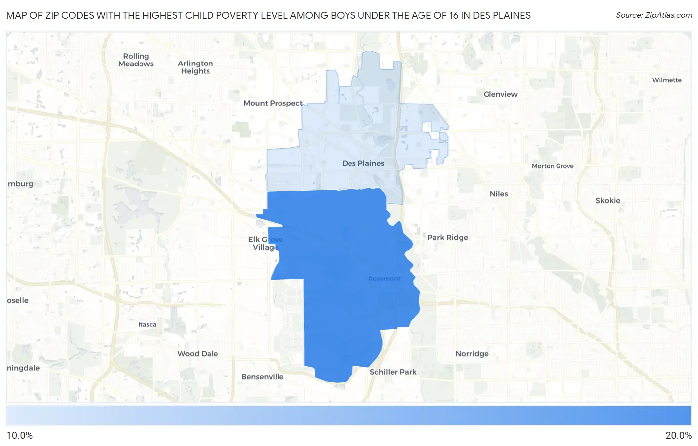 Zip Codes with the Highest Child Poverty Level Among Boys Under the Age of 16 in Des Plaines Map