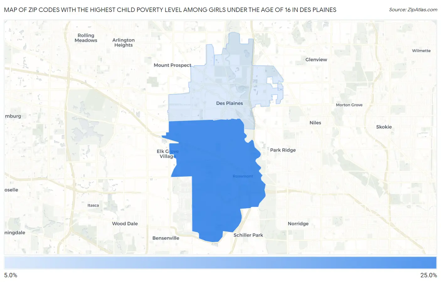 Zip Codes with the Highest Child Poverty Level Among Girls Under the Age of 16 in Des Plaines Map