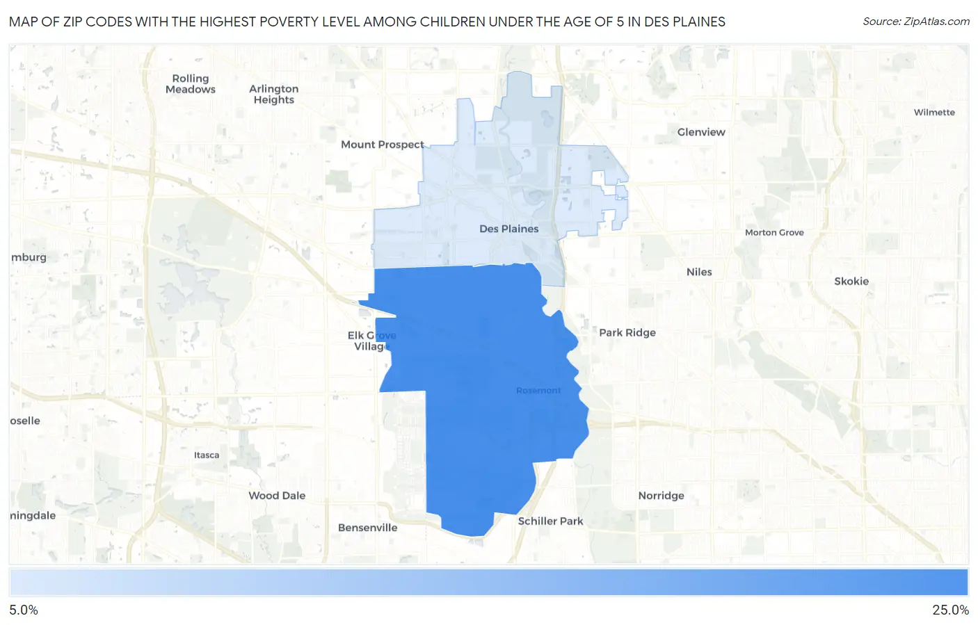 Zip Codes with the Highest Poverty Level Among Children Under the Age of 5 in Des Plaines Map