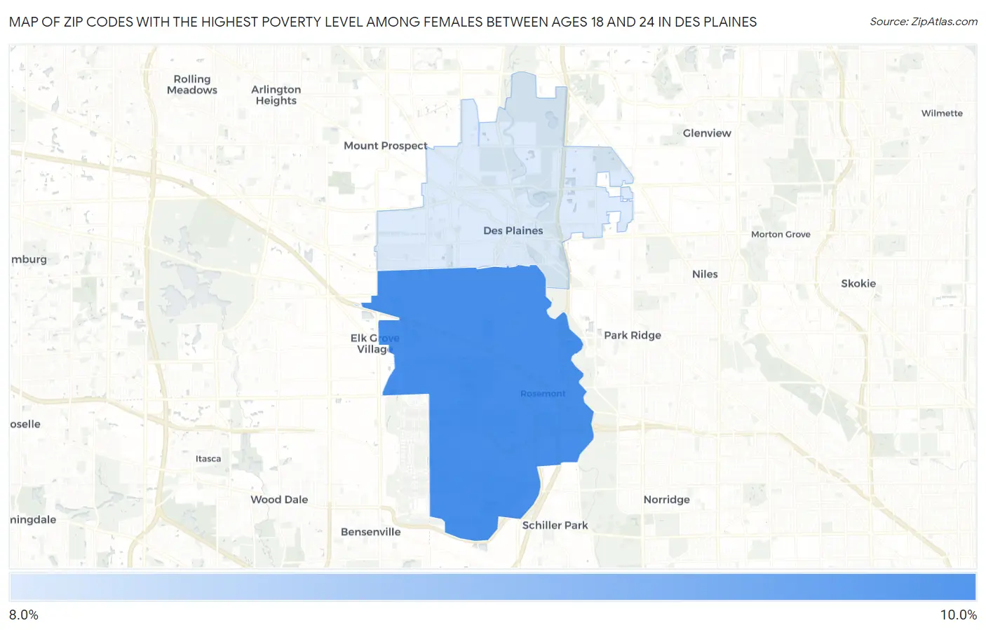 Zip Codes with the Highest Poverty Level Among Females Between Ages 18 and 24 in Des Plaines Map