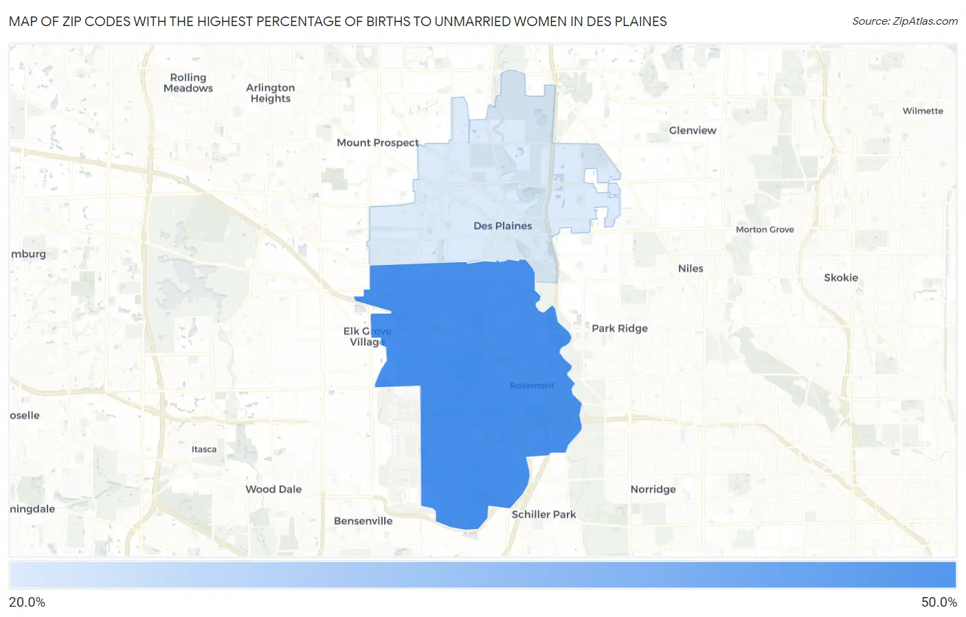 Zip Codes with the Highest Percentage of Births to Unmarried Women in Des Plaines Map