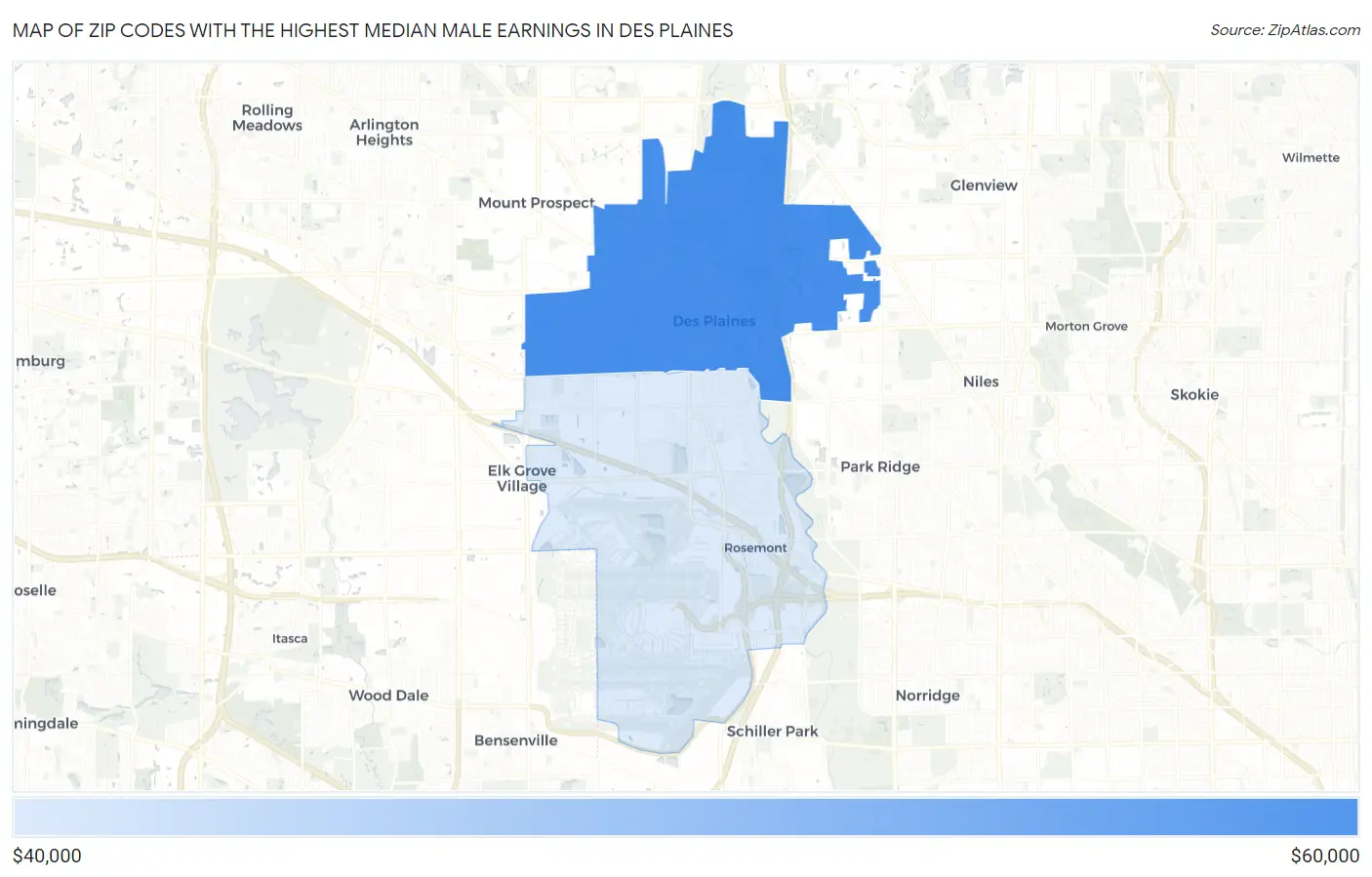 Zip Codes with the Highest Median Male Earnings in Des Plaines Map
