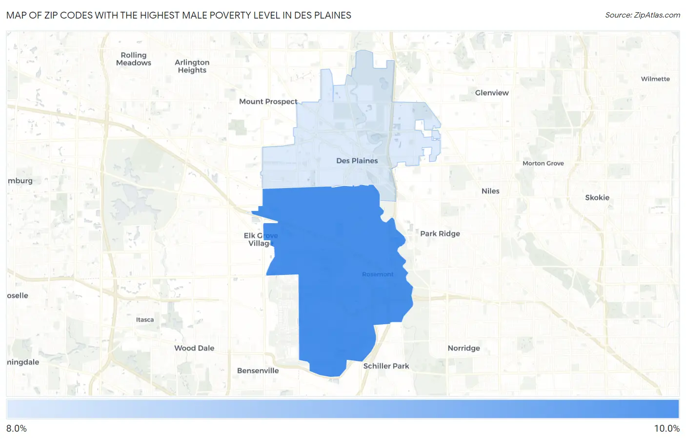Zip Codes with the Highest Male Poverty Level in Des Plaines Map