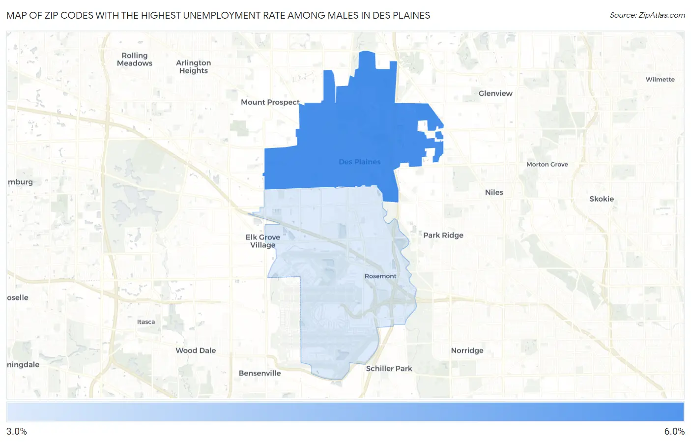 Zip Codes with the Highest Unemployment Rate Among Males in Des Plaines Map