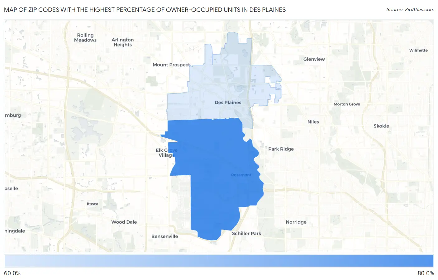 Zip Codes with the Highest Percentage of Owner-Occupied Units in Des Plaines Map