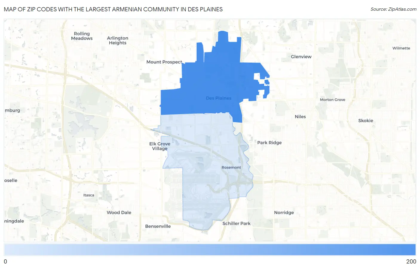 Zip Codes with the Largest Armenian Community in Des Plaines Map