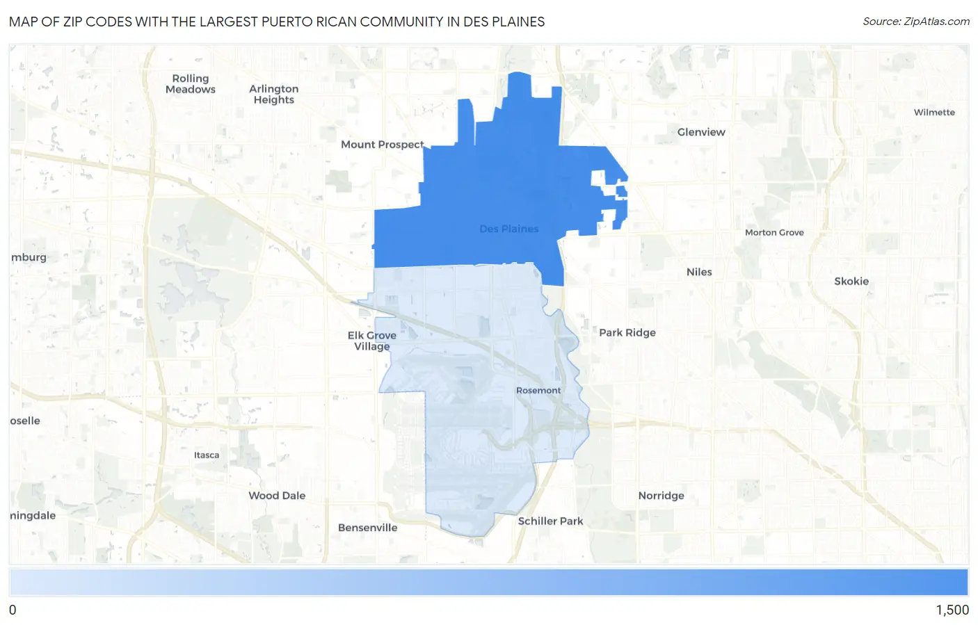 Zip Codes with the Largest Puerto Rican Community in Des Plaines Map
