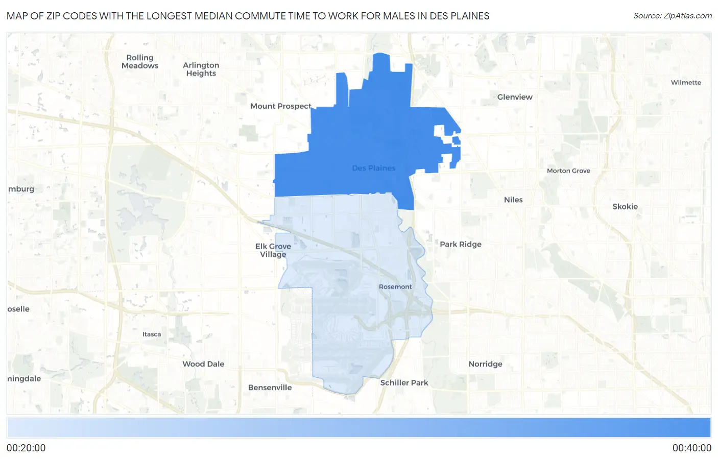 Zip Codes with the Longest Median Commute Time to Work for Males in Des Plaines Map