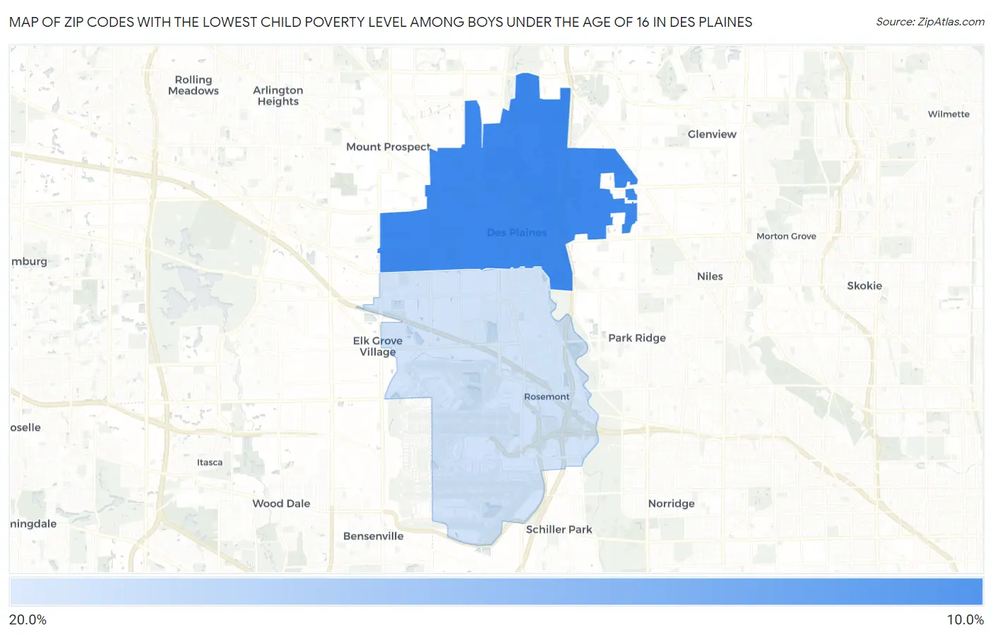 Zip Codes with the Lowest Child Poverty Level Among Boys Under the Age of 16 in Des Plaines Map