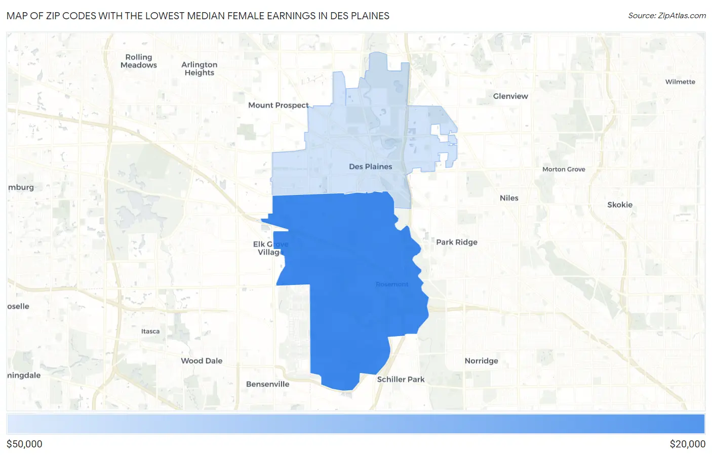 Zip Codes with the Lowest Median Female Earnings in Des Plaines Map