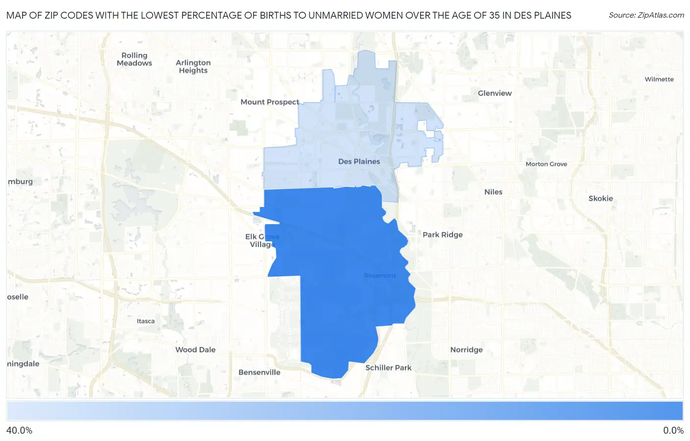 Zip Codes with the Lowest Percentage of Births to Unmarried Women over the Age of 35 in Des Plaines Map