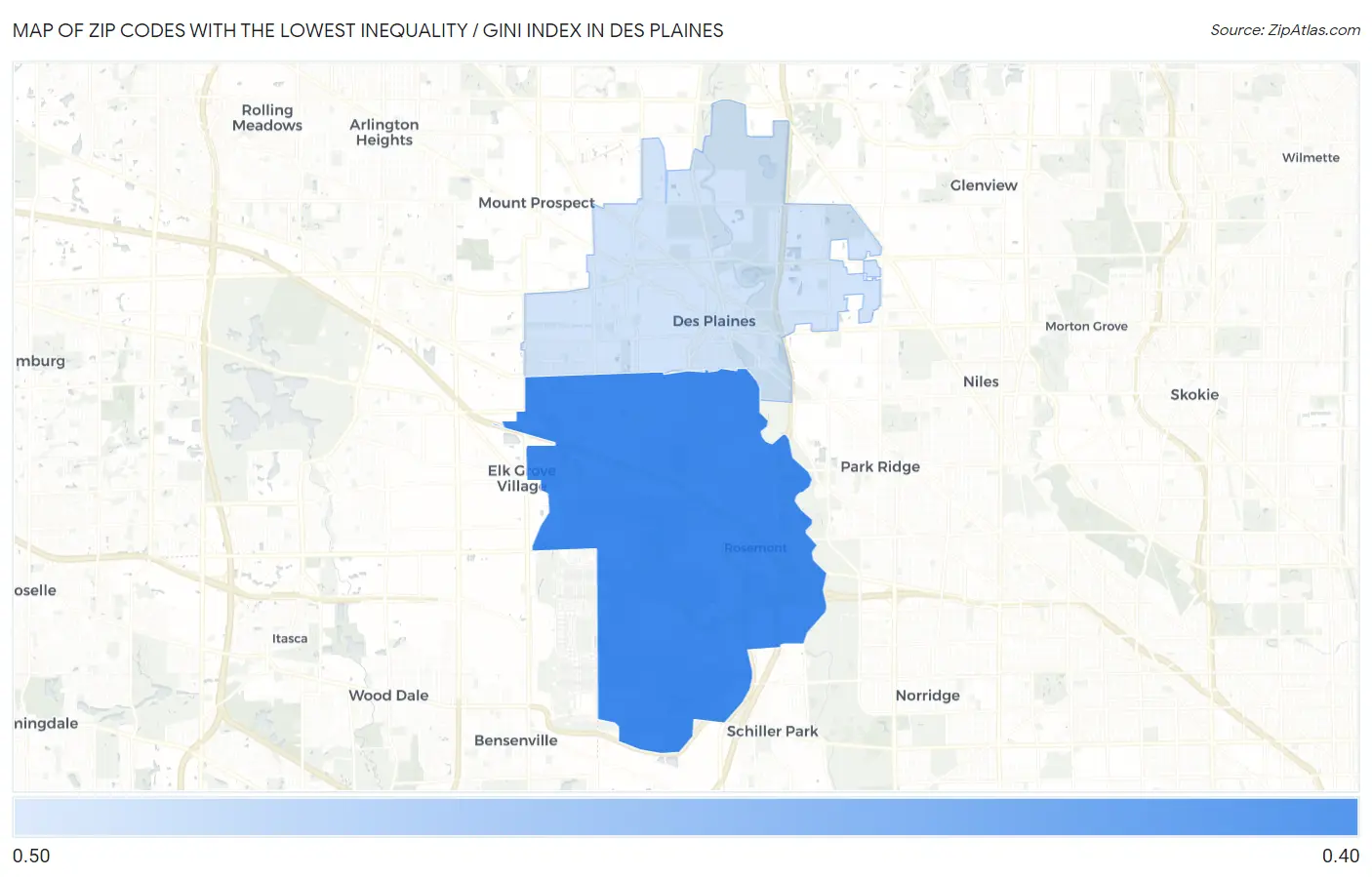 Zip Codes with the Lowest Inequality / Gini Index in Des Plaines Map