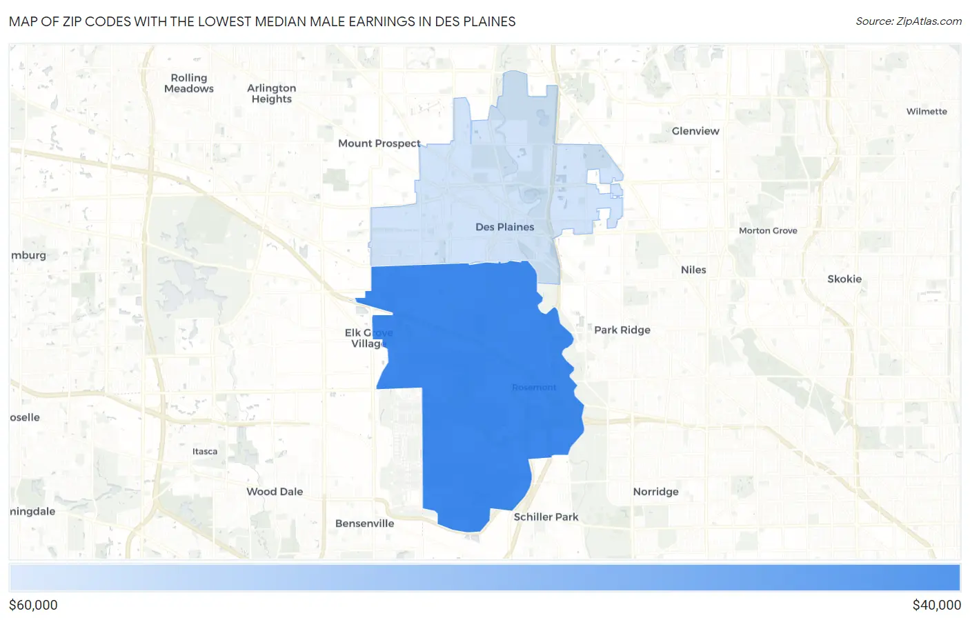 Zip Codes with the Lowest Median Male Earnings in Des Plaines Map