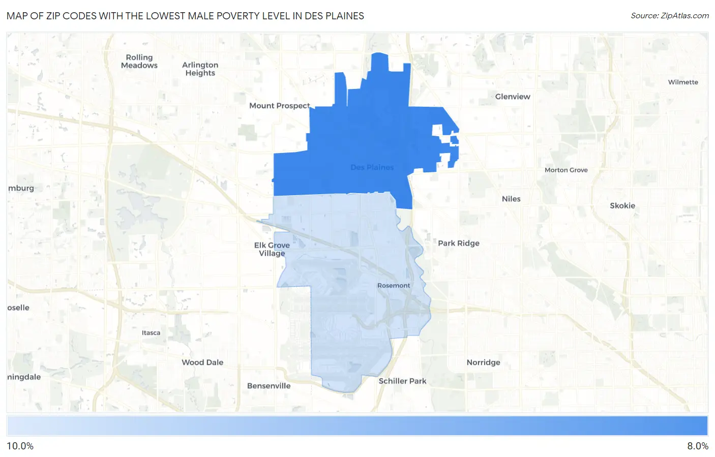 Zip Codes with the Lowest Male Poverty Level in Des Plaines Map