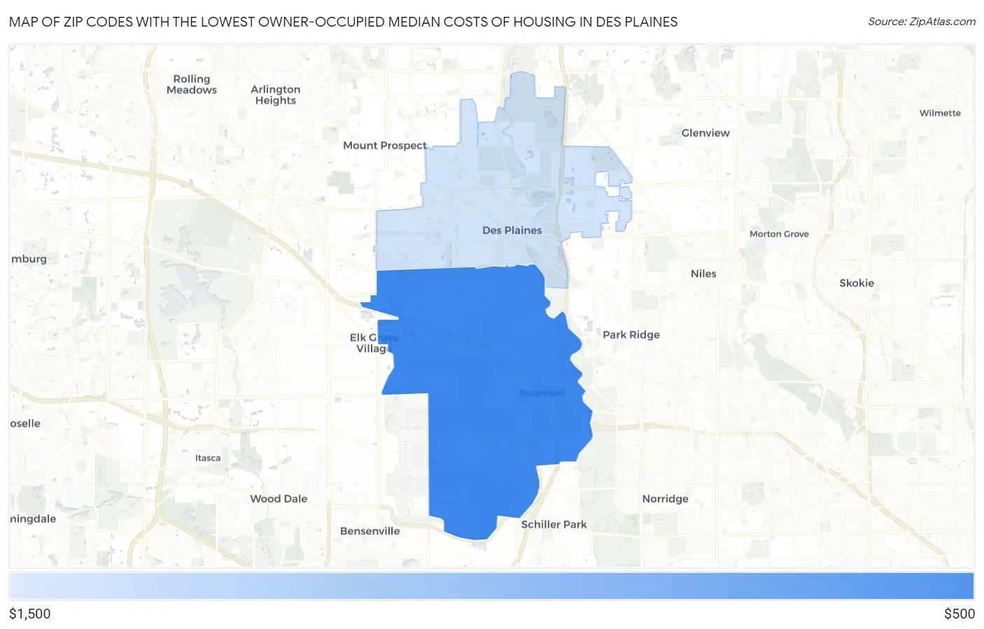 Zip Codes with the Lowest Owner-Occupied Median Costs of Housing in Des Plaines Map