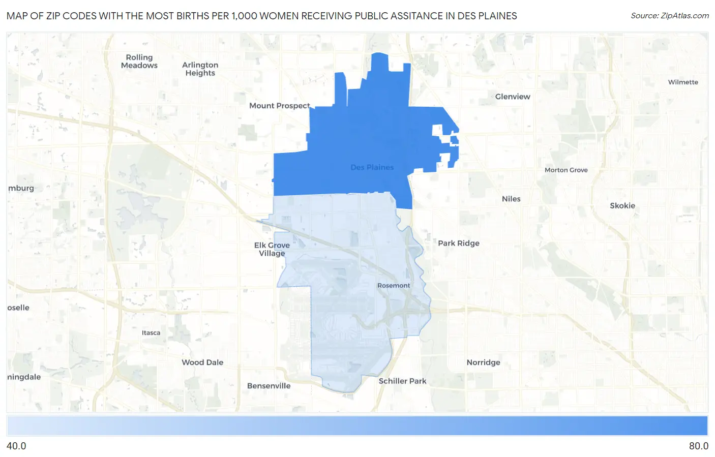 Zip Codes with the Most Births per 1,000 Women Receiving Public Assitance in Des Plaines Map