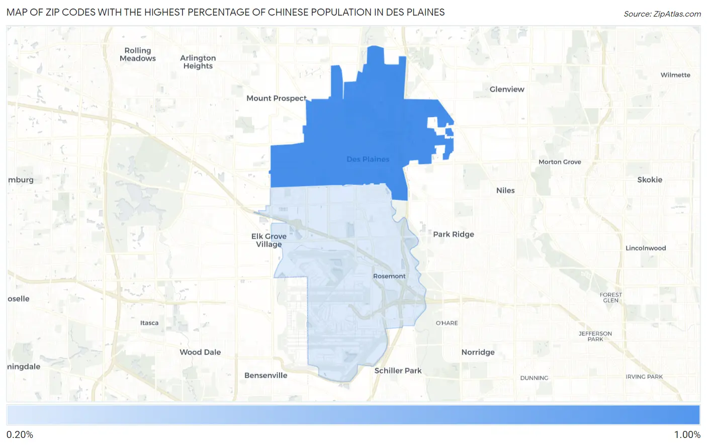 Zip Codes with the Highest Percentage of Chinese Population in Des Plaines Map