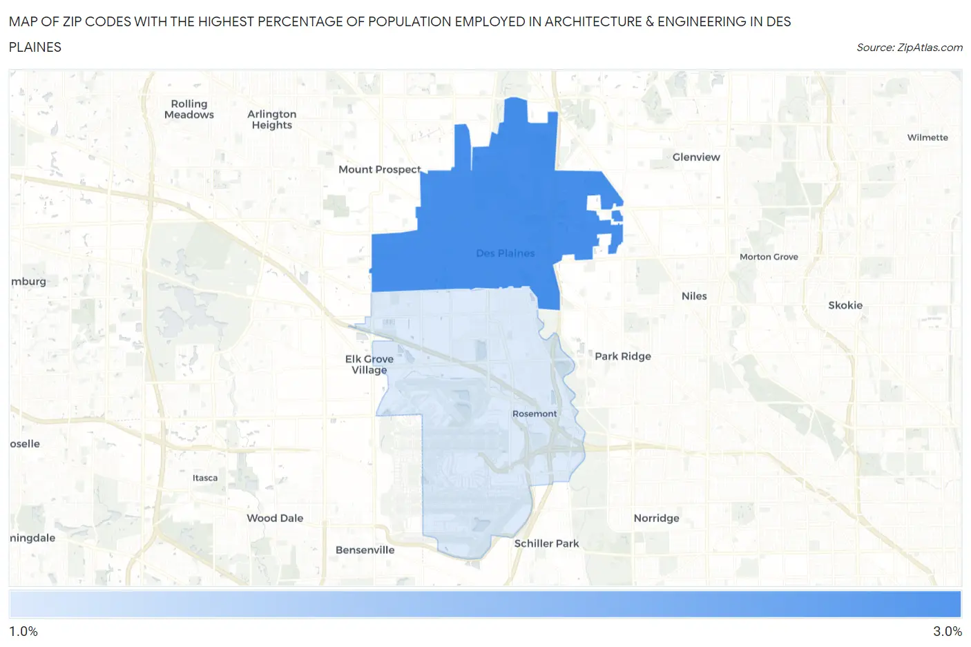 Zip Codes with the Highest Percentage of Population Employed in Architecture & Engineering in Des Plaines Map