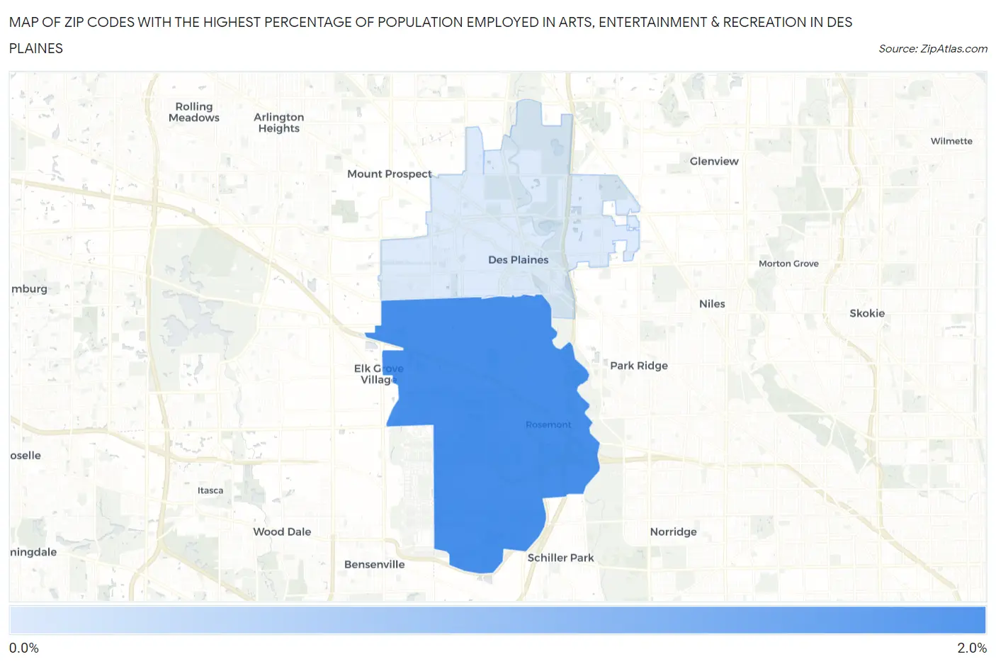 Zip Codes with the Highest Percentage of Population Employed in Arts, Entertainment & Recreation in Des Plaines Map