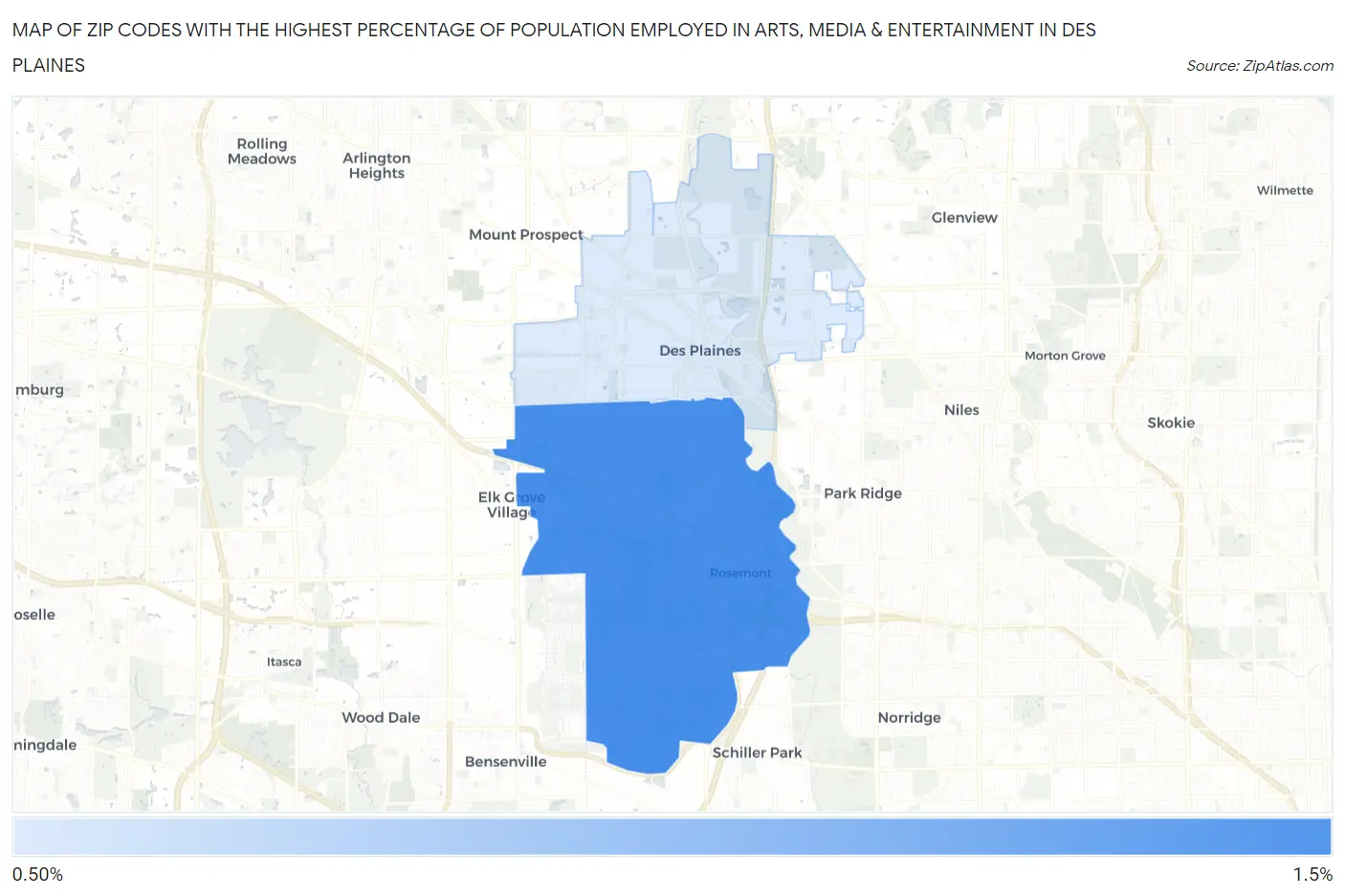 Zip Codes with the Highest Percentage of Population Employed in Arts, Media & Entertainment in Des Plaines Map