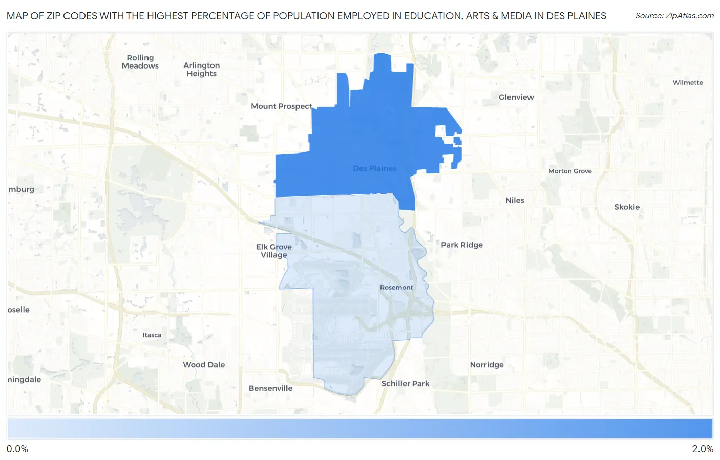Zip Codes with the Highest Percentage of Population Employed in Education, Arts & Media in Des Plaines Map