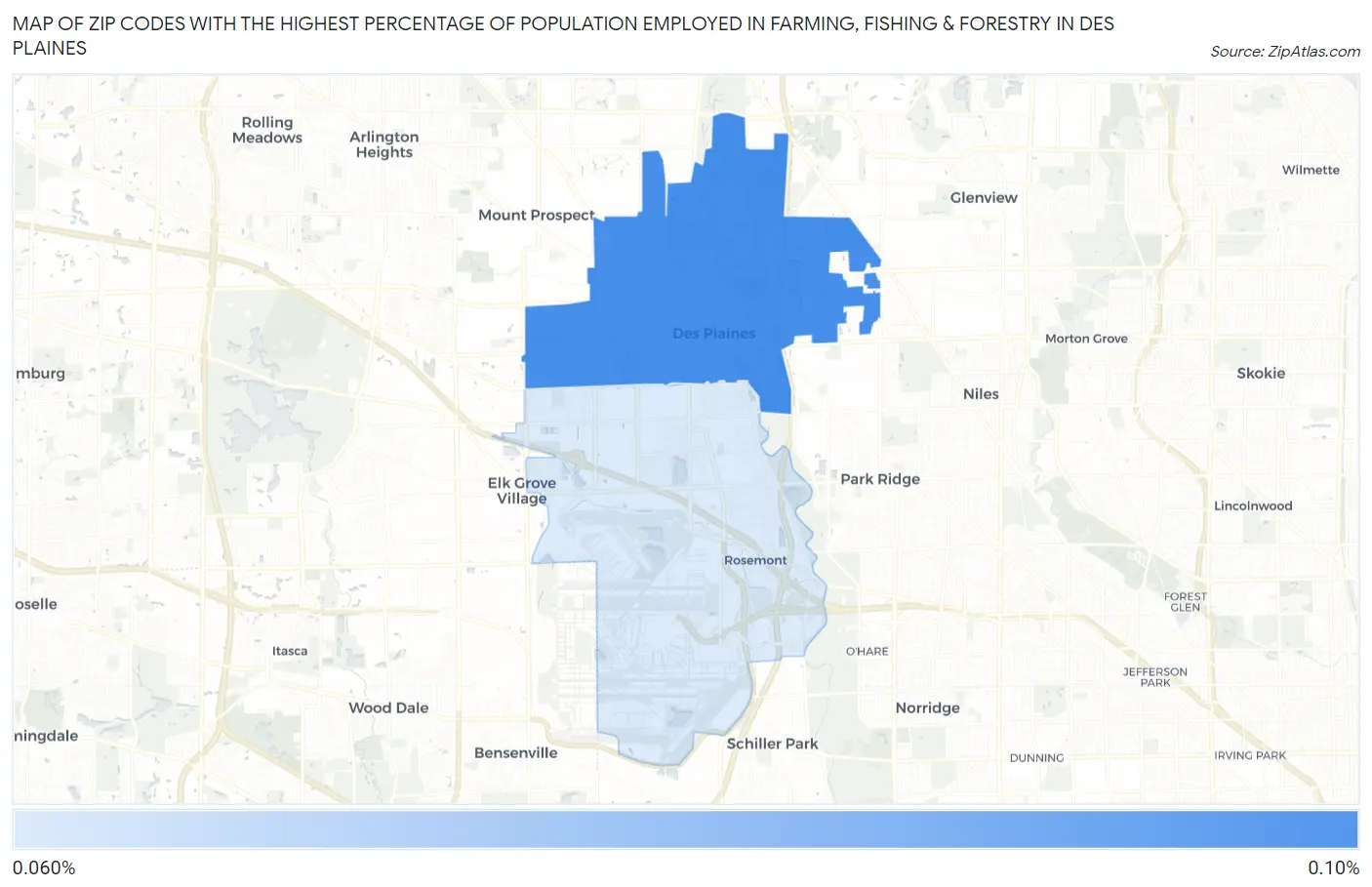Zip Codes with the Highest Percentage of Population Employed in Farming, Fishing & Forestry in Des Plaines Map
