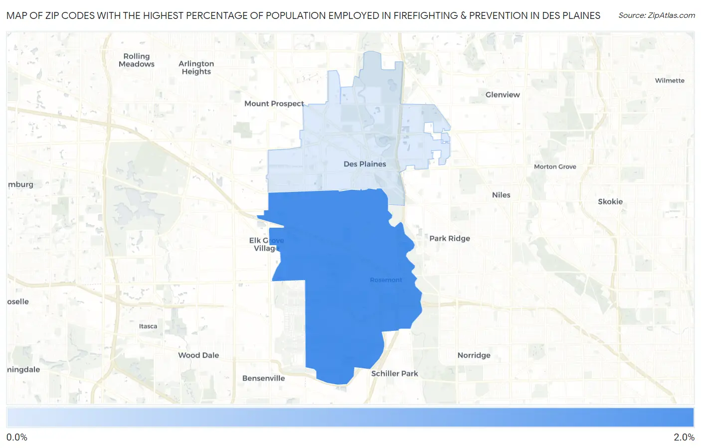 Zip Codes with the Highest Percentage of Population Employed in Firefighting & Prevention in Des Plaines Map
