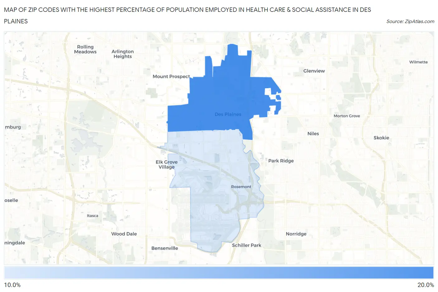 Zip Codes with the Highest Percentage of Population Employed in Health Care & Social Assistance in Des Plaines Map
