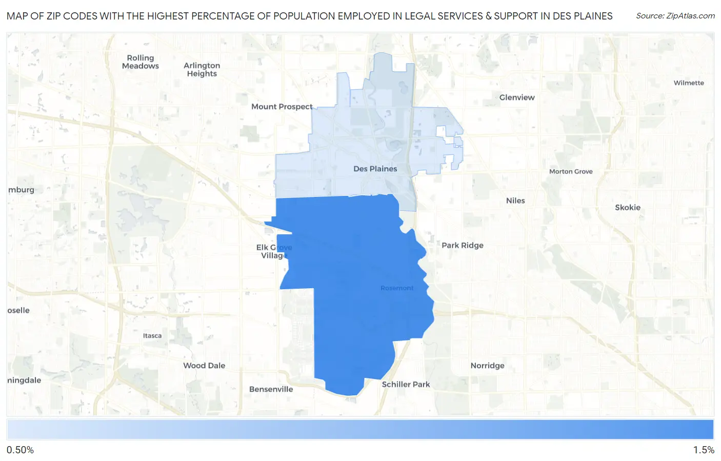 Zip Codes with the Highest Percentage of Population Employed in Legal Services & Support in Des Plaines Map