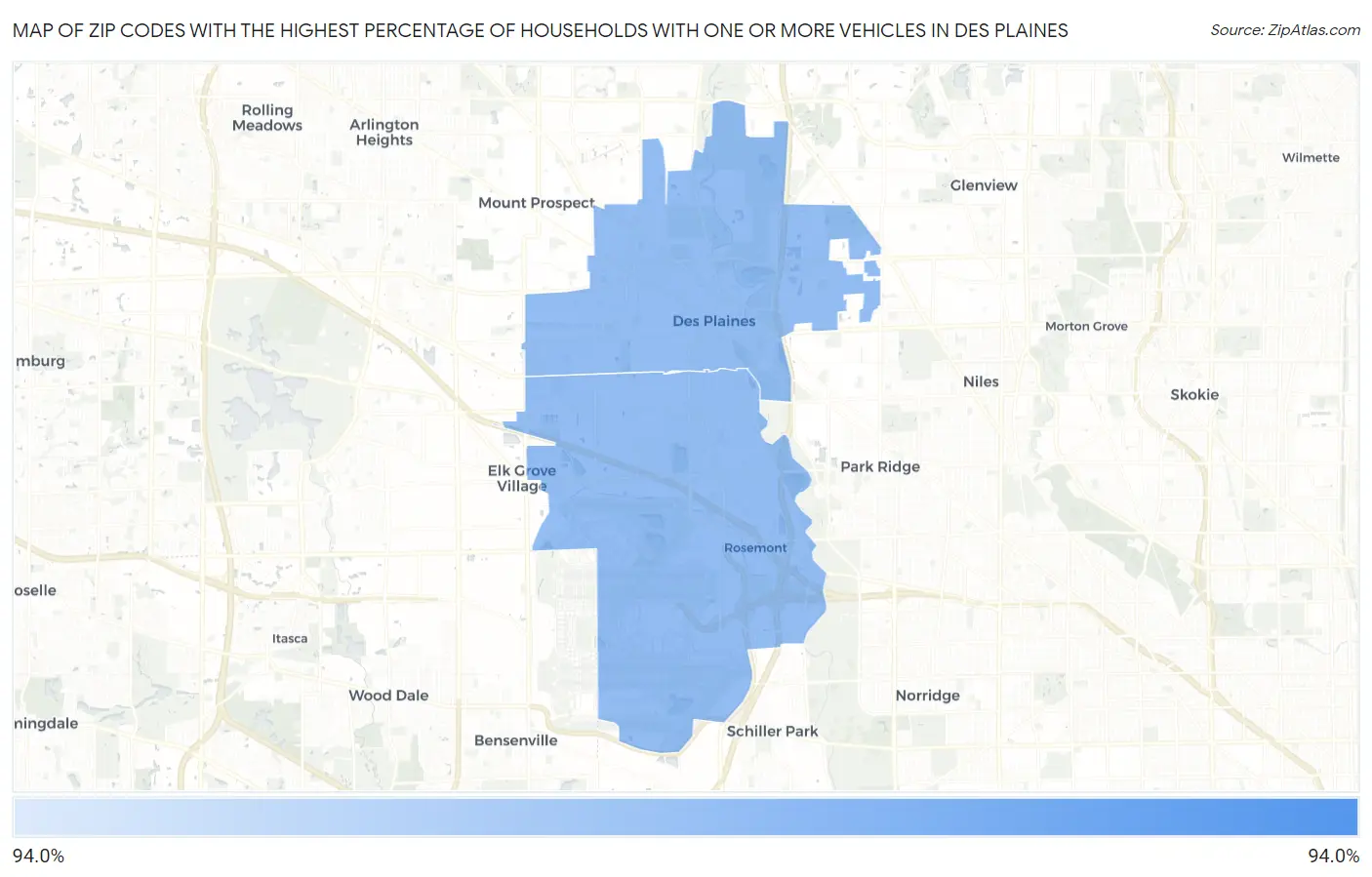 Zip Codes with the Highest Percentage of Households With One or more Vehicles in Des Plaines Map