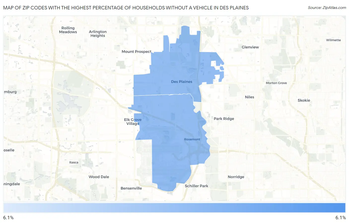 Zip Codes with the Highest Percentage of Households Without a Vehicle in Des Plaines Map