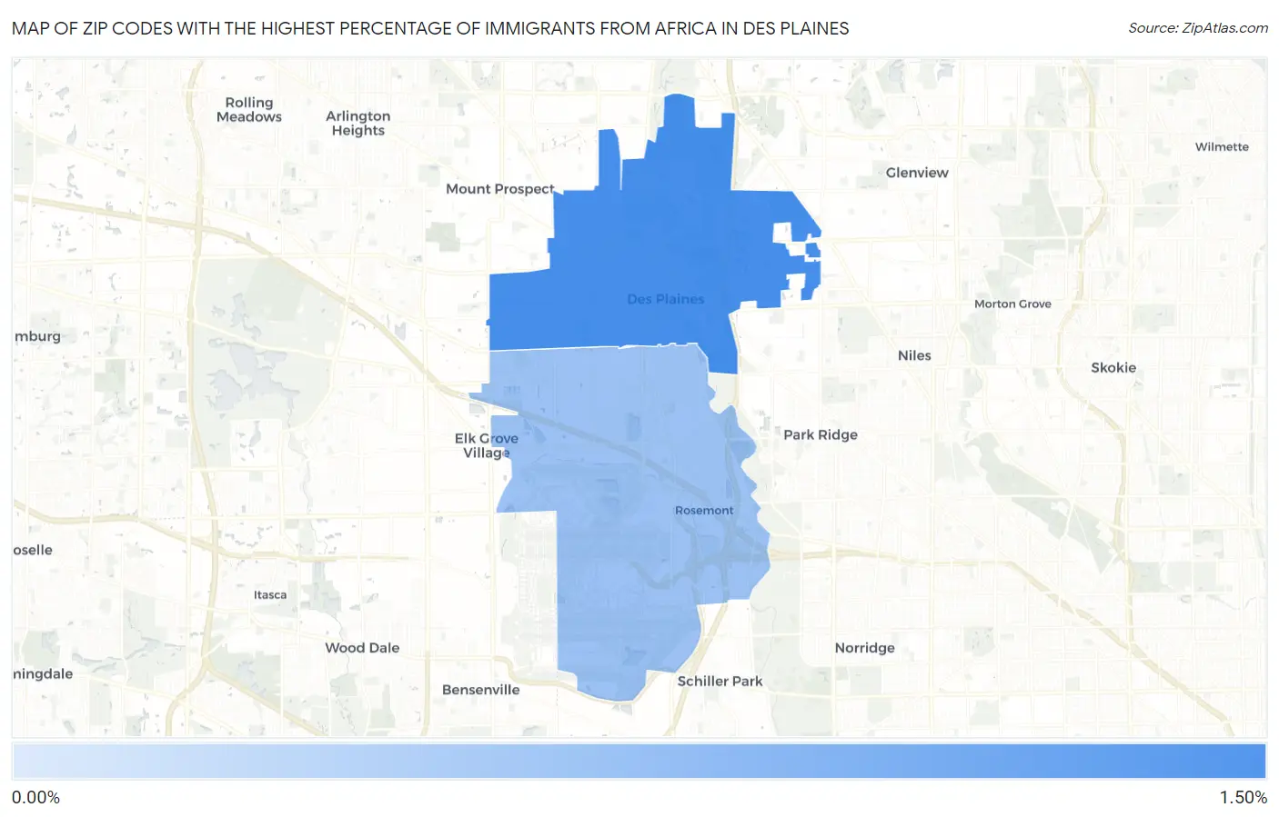 Zip Codes with the Highest Percentage of Immigrants from Africa in Des Plaines Map