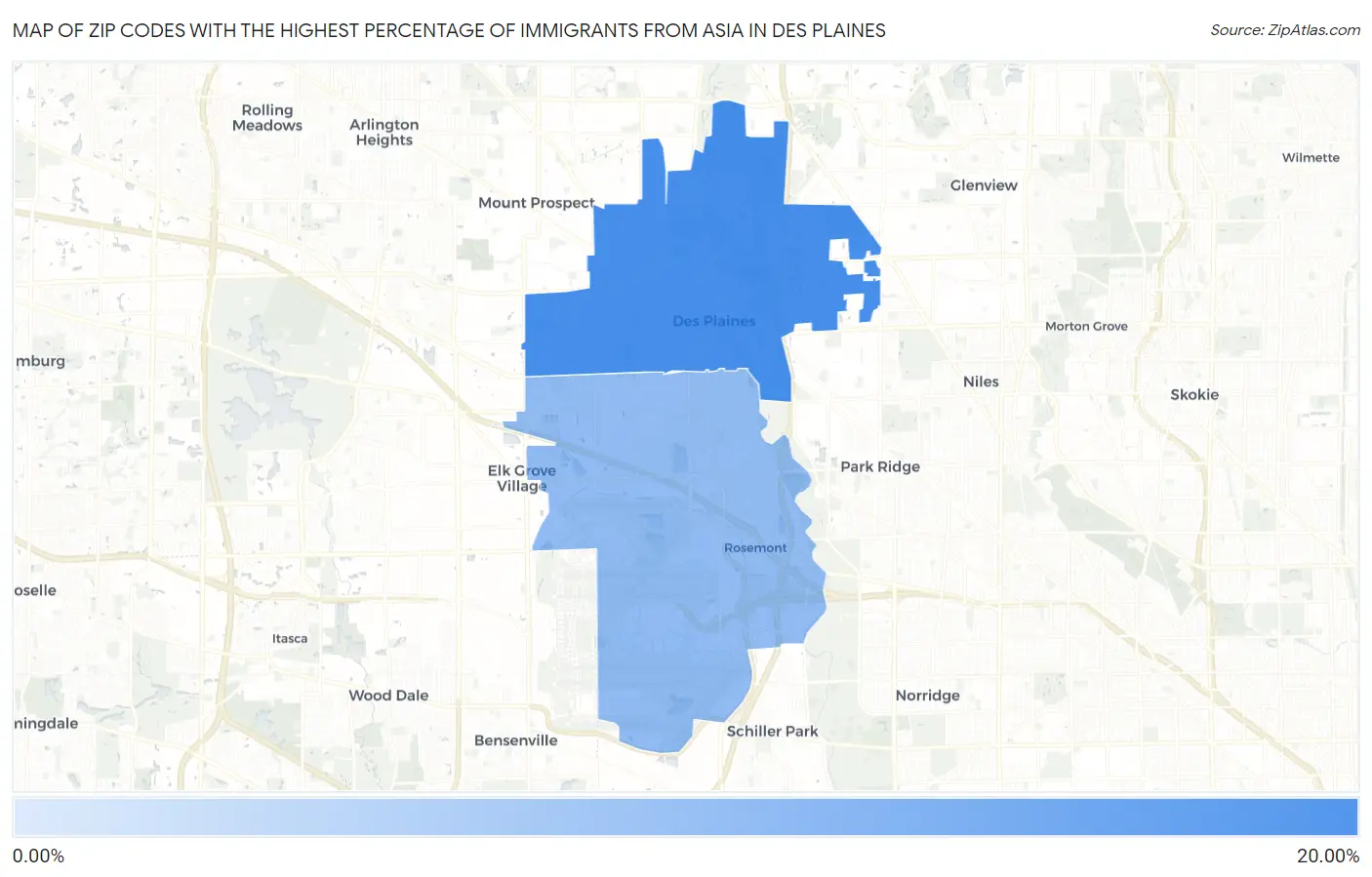 Zip Codes with the Highest Percentage of Immigrants from Asia in Des Plaines Map