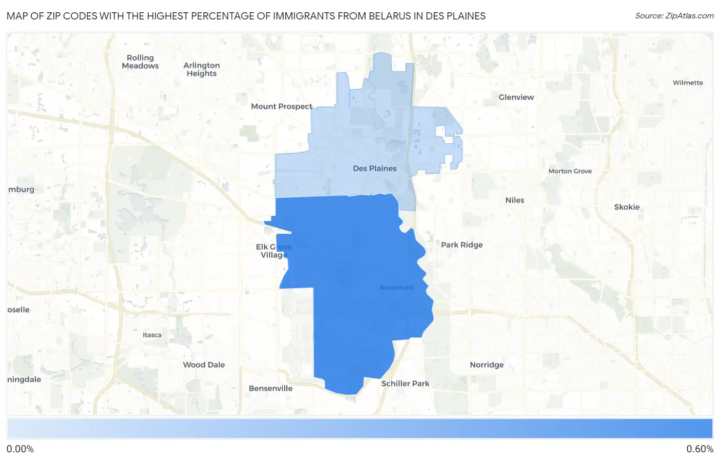 Zip Codes with the Highest Percentage of Immigrants from Belarus in Des Plaines Map